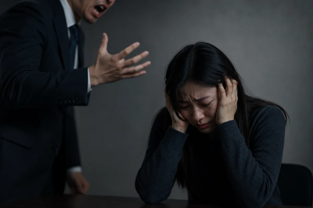 법인파산 신청 서류|남성의 폭언과 위협에 괴로워하는 여성의 모습
