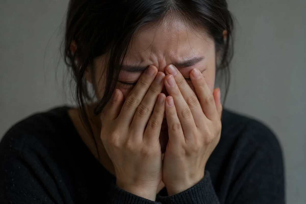 법인파산 후 지적재산권|얼굴을 감싸 쥐고 울고 있는 여성의 모습