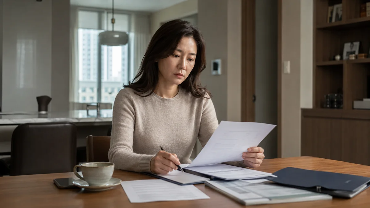 법인회생 채권 신고|집에서 진지하게 서류를 검토하며 작성하는 여성