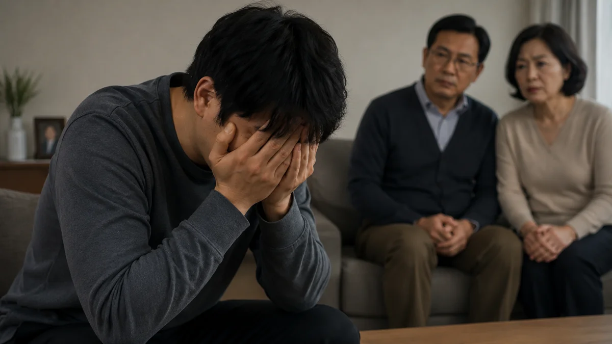 법인파산 대표이사 연대보증|얼굴을 감싸 쥐고 괴로워하는 남성과 걱정하는 부모님
