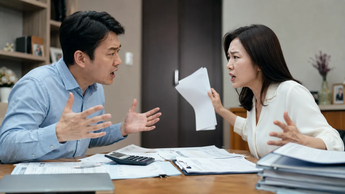법인파산 면책 불허가|서류와 계산기를 두고 다투는 부부의 모습