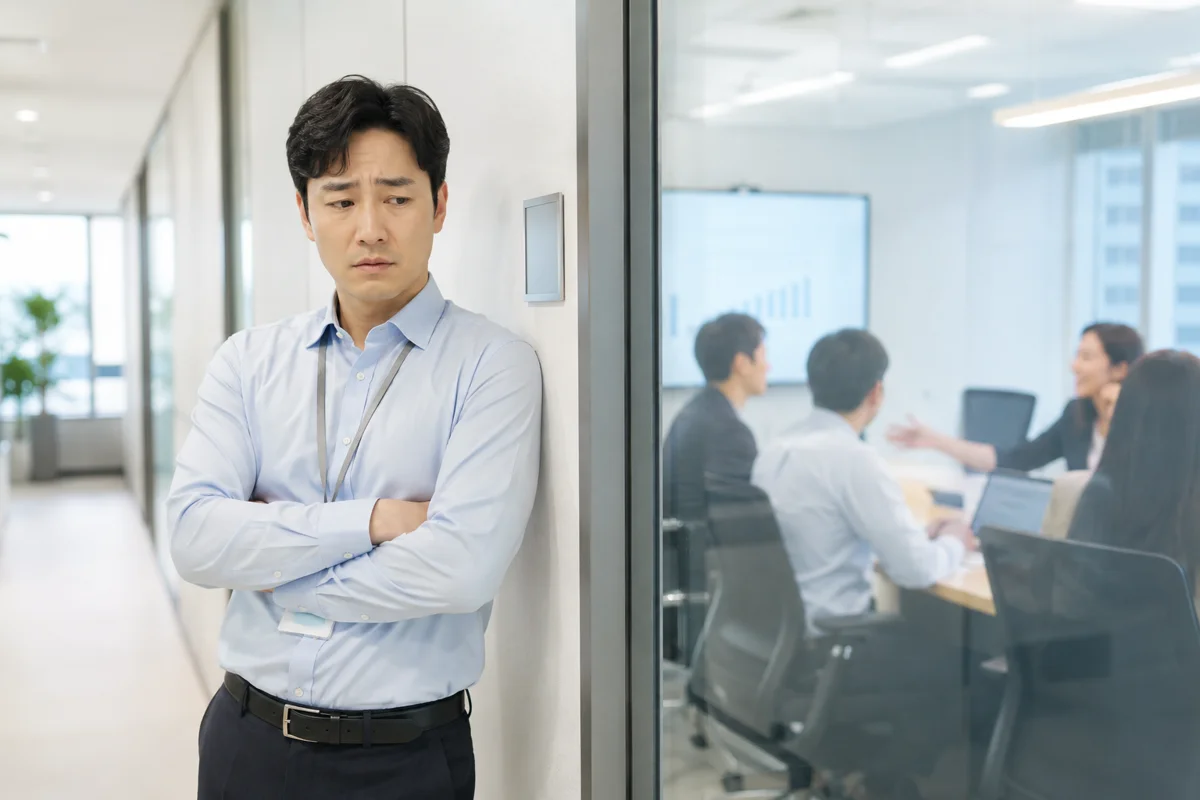 개인회생인가결정|회의실 밖에서 고민에 빠진 표정의 직장인 남성