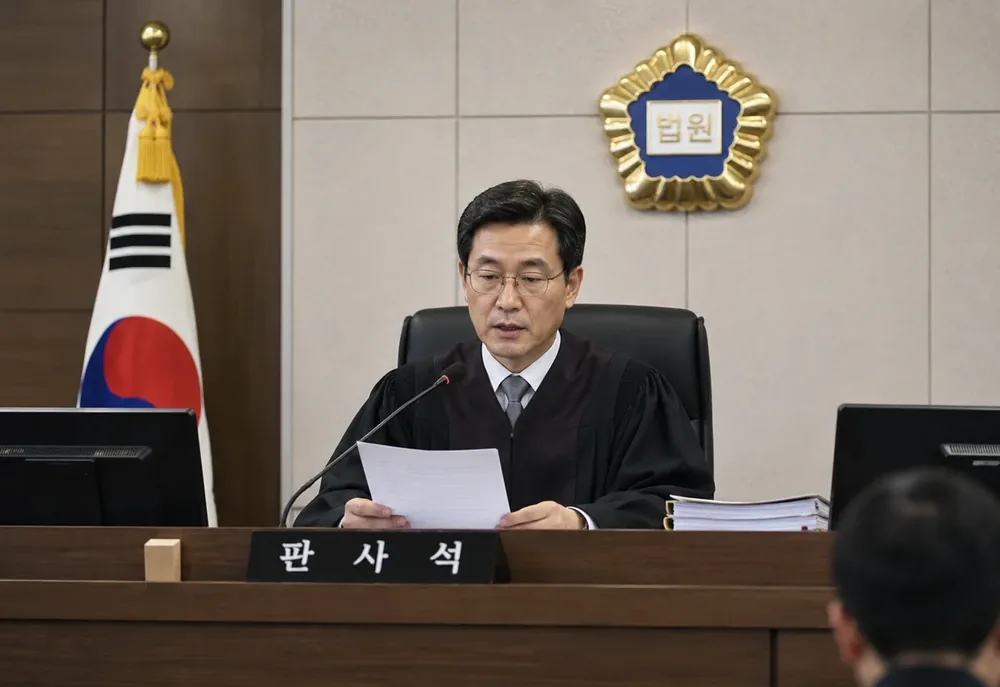 법정 판사석에 앉아 서류를 검토하는 판사의 모습